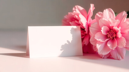 Gift card. Business card mockup with your design template for text, note or logo decorated with carnation flowers on a background. Greeting card. Gift certificate or voucher. Copy space. Flower store