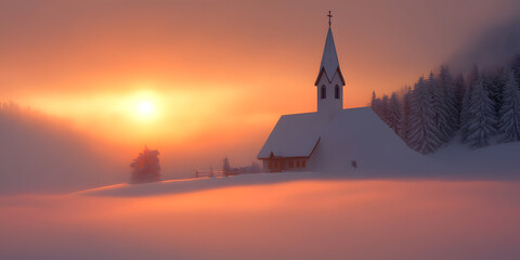 Fototapeta premium Snowy church at sunrise. A winter wonderland scene with a picturesque church covered in snow, bathed in the warm glow of the rising sun.