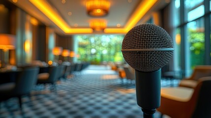 Microphone in a blurry conference room setting