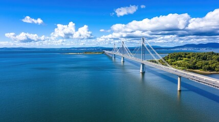 Obraz premium Long cable-stayed bridge spans blue water under partly cloudy sky
