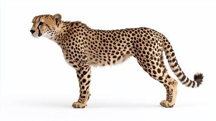 Cheetah standing, side profile, isolated on white.