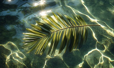 the transparency of the water with a palm leaf floating on it