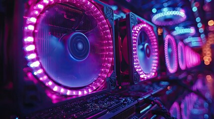 Fototapeta premium Illuminated Computer Cooling Fans Showcase Vibrant RGB Lighting