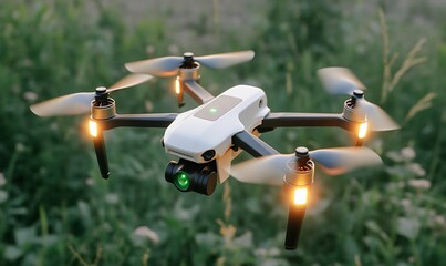 White quadcopter drone hovering mid-air with glowing lights