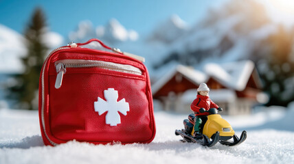 Red first aid kit and snowmobile toy in snowy mountain setting