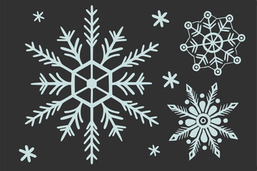 Snowflake icons, light blue crystal shapes, symmetrical winter designs, black background, geometric frost patterns, icy blue glow, vector snowflake illustrations, minimalist winter symbols, crystallin