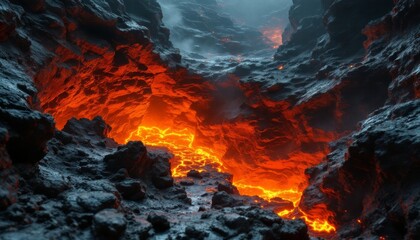 Fototapeta premium Volcanic Landscape Featuring Flowing Lava Among Dark Rocky Cliffs and Wispy Vapors