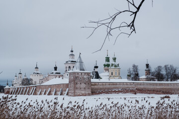 View of the Kirillo-Belozersky Monastery from the lake side through the trees. Vologda Region