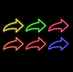 Outline neon arrow icon. Glowing neon pointer sign, arrowhead pictogram. Straight arrow, cursor and interface navigation, go arrow direction, motion pointer, arrowhead move. Vector icon set