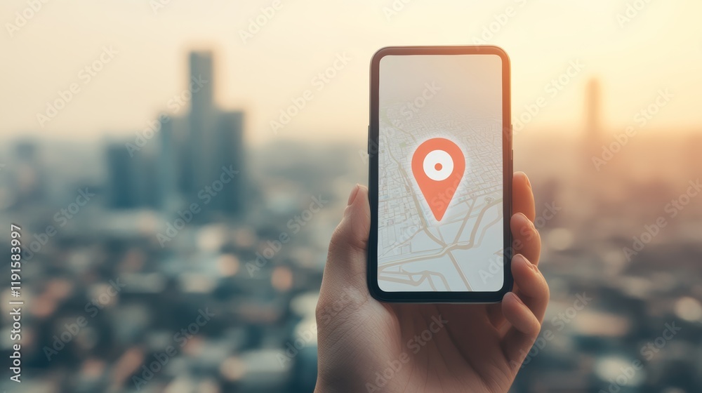 Poster hand holding a smartphone showing gps tracking location marked by a red pin on a map application, wi
