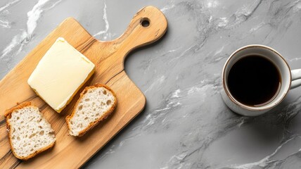 Sliced bread with butter on wooden board and cup of coffee marble countertop