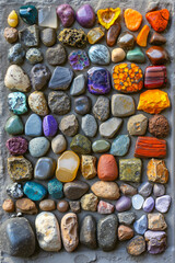A variety of different colored rocks on a gray surface