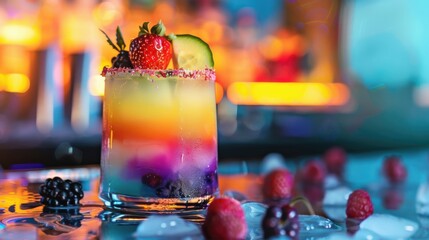 Colorful layered cocktail showcasing innovative mixology techniques in a vibrant bar setting
