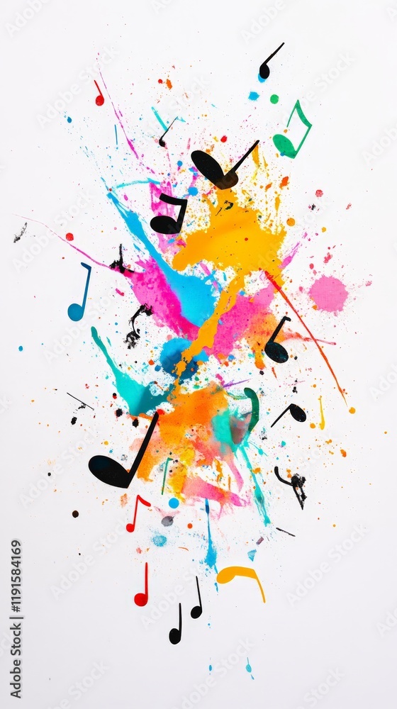 Poster colorful paint splatters and music notes create a vibrant and energetic composition, representing th