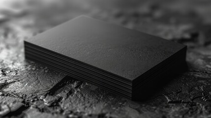 A stack of black business cards sits on a stone surface