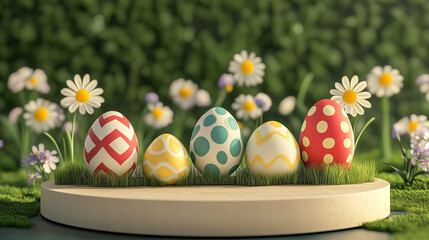 Easter podium with painted eggs and spring meadow, easter holiday concept
