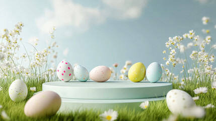 Easter podium with painted eggs and spring meadow, easter holiday concept
