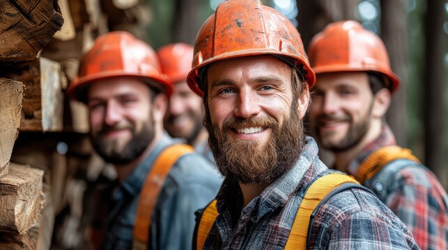 Group of caucasian male adult lumberjacks in hard hats smiling at camera in forest
