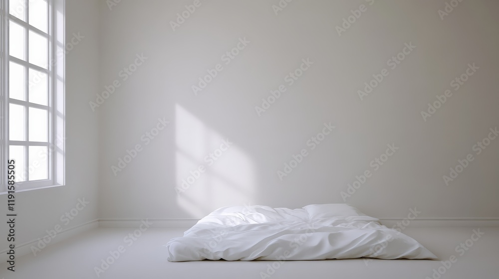 Aufkleber Sunlight is streaming through window, illuminating white unmade bed and casting shadows on wall in minimalist bedroom, creating peaceful and serene atmosphere