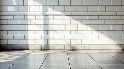Fototapeta premium Light creates patterns on a tiled wall in a modern interior space during the day