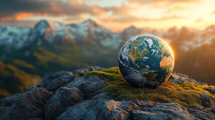 A 3D Earth model placed on a rugged rock formation beside a vibrant river with a blurred bright light tone creating a sense of chaos and dynamic energy
