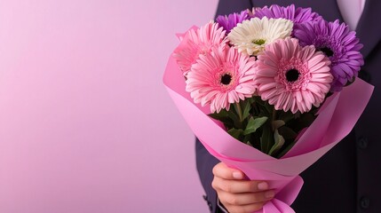 Beautiful flower bouquet gift indoor setting photography pink background close-up view