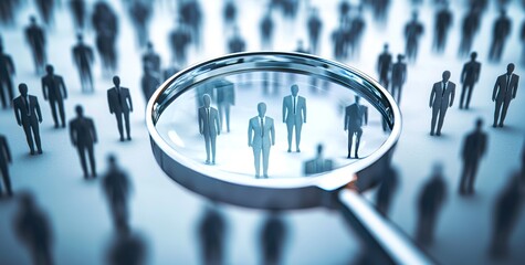 A magnifying glass focuses on a group of miniature figures, representing the process of identifying and selecting the most suitable individual from a pool of candidates.