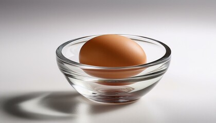 A single brown egg rests in a clear glass bowl.
