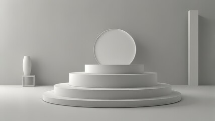 Fototapeta premium Blank white podium on white colors background, 3d renderNatural beauty podium backdrop for product display with dreamy sky background. Romantic 3d scene.