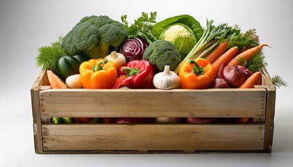 Freshly harvested vegetables in a rustic wooden crate.