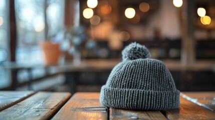 A grey knit hat sits on a wooden table