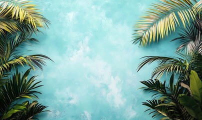 palm leaves against a pastel turquoise sky, with the white wall providing a clean