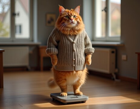 Fat Cat In Sweater Weighing On Scales