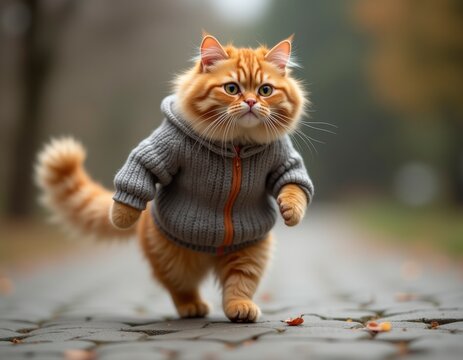 A cat in clothes walks along the sidewalk