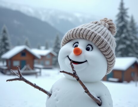 Snowman in the village in a knitted hat