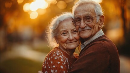 Elderly Couple Embraces in Golden Autumn Light