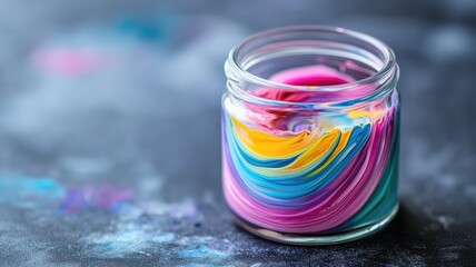 Glass jar filled with vibrant, swirling paint colors