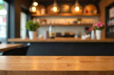 empty table to showcase your product, against the background of a blurred cafe golden bokeh