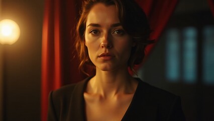 Portrait of an actor/actress in stage attire, blurred theatrical backdrop. Expressive, introspective gaze reflects artistic depth. No hands shown.