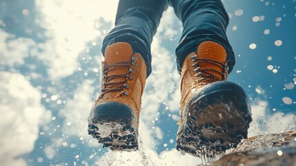 Low angle view of hiker's boots splashing in water.