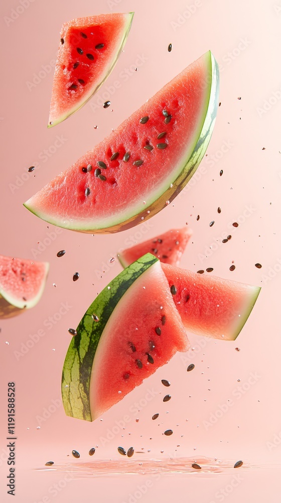 Aufkleber Several slices and chunks of red watermelon with black seeds levitate and float on a vibrant pink background, creating a refreshing and summery visual