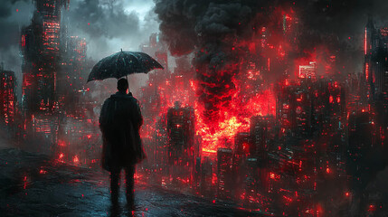 Dark cityscape with fiery explosion and a figure holding an umbrella at night