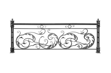 Wrought iron railing with ornamentation. B.
