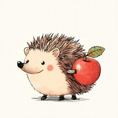 Cute hedgehog carrying a bright red apple on its back in a whimsical illustrated style. Generative AI