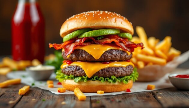 Delicious double cheeseburger with bacon, avocado, and fries on wooden table - Powered by Adobe