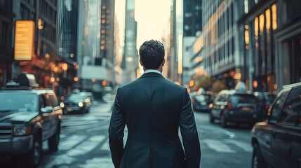 A man walking through the streets of a metropolis