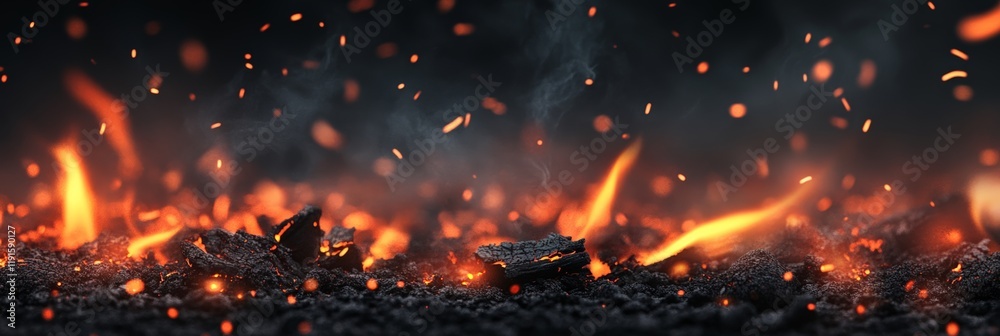 Poster burning embers and vibrant flames sending glowing sparks into the darkness, creating an atmosphere r