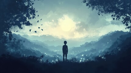 Obraz premium Boy Silhouetted Against Misty Mountains and Sky