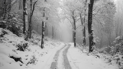 Obraz premium Winter wonderland along a winding forest path covered in fresh snow