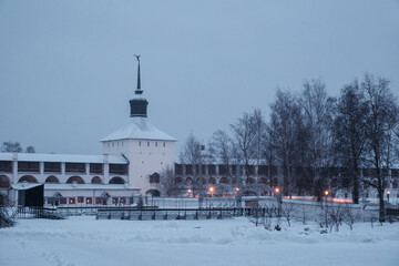 View of the Kirillo-Belozersky Monastery in the evening under artificial light. Vologda region